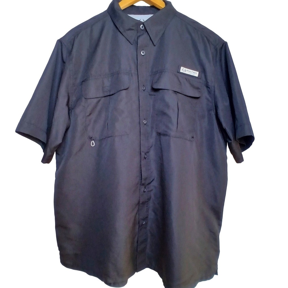 Realtree Fishing Men L Black Short Sleeve Vented Button Down Shirt Performance